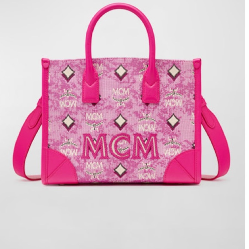 MCM Logo Jacquard Small Top Handle Bag and Matching Wallet